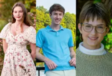 Three National Merit Scholars standing outdoors. From left to right: a young woman with long brown hair wearing a floral dress, a young man in a blue polo shirt and khaki pants, and a young woman wearing glasses and a green knit sweater. All three are smi
