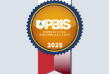 PBIS (Positive Behavioral Interventions & Supports) recognition badge featuring a gold and navy blue seal with the Ohio state outline logo at the top, "PBIS" text in white, "POSITIVE BEHAVIORAL INTERVENTIONS & SUPPORTS" beneath it, and "2025" at the botto