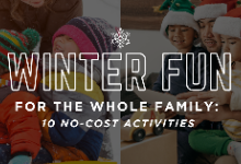 winter fun for the whole family title with family laying in the snow photo and father reading to his two boys