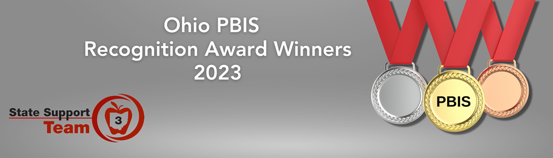 Ohio PBIS recognition award winners 2023. image of 3 medals. SST3 logo in the background.