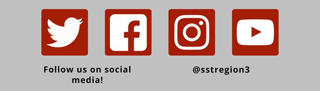 Image of Twitter, Facebook, Instagram and Youtube logos. Text reads follow us on social media. @sstregion3
